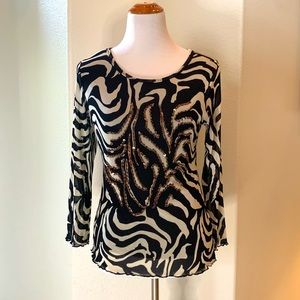 AZI Jeans Sheer Zebra Print Beaded Top Size Medium